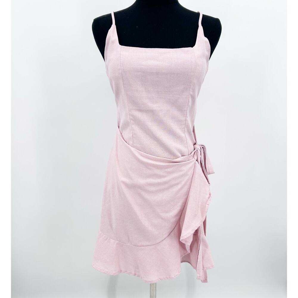 Princess Polly Cottage Hill Wrap Mini Dress Blush Pink Square Neck Linen Blend 4 - Picture 4 of 12